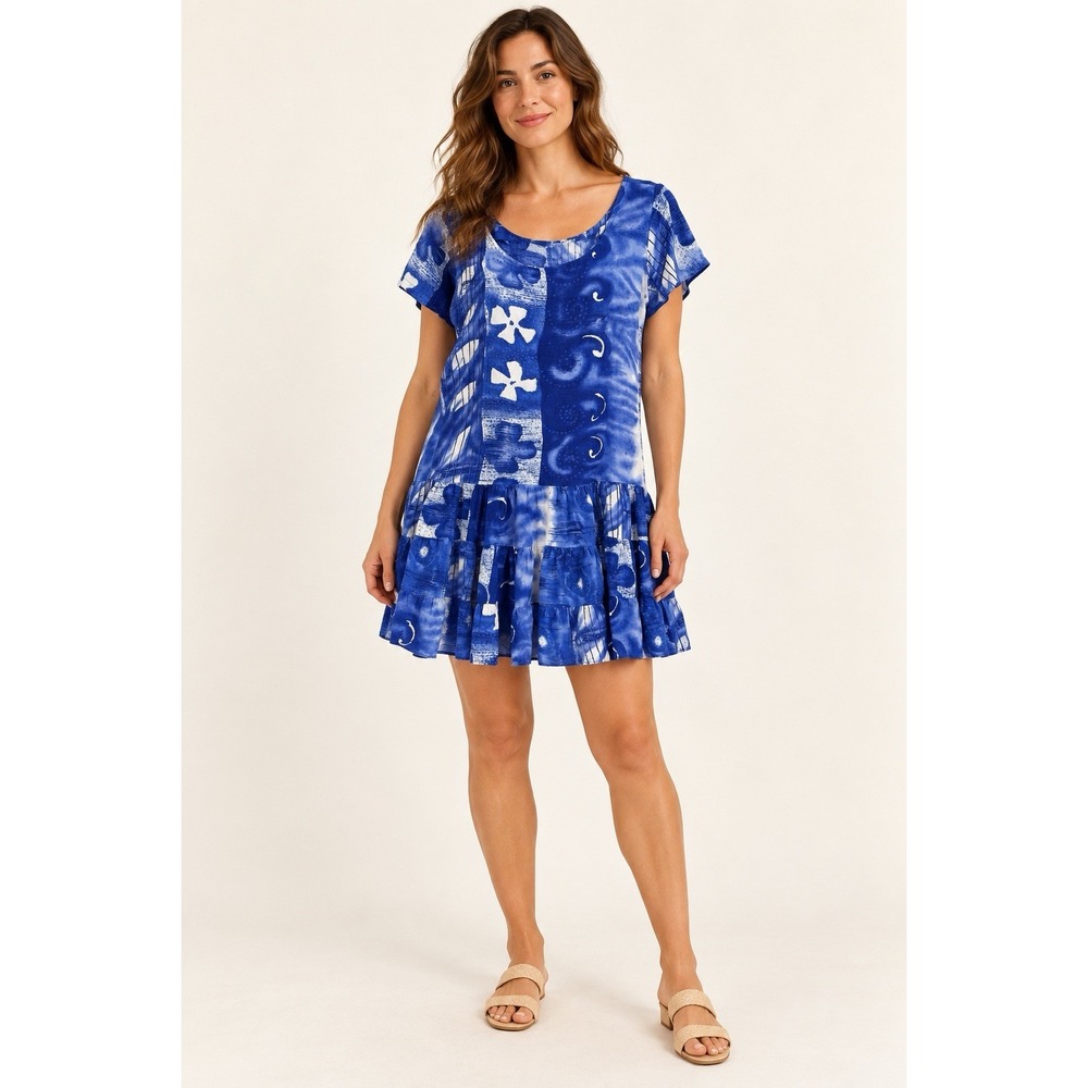 Sams World Blue White Abstract Patchwork Drop Waist Ruffled Short Dress XL Artsy
